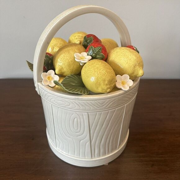 Fitz and Floyd Other - Fitz and Floyd Lemon Strawberry 1987 Ceramic Fruit Basket 11" Vintage Lidded Box